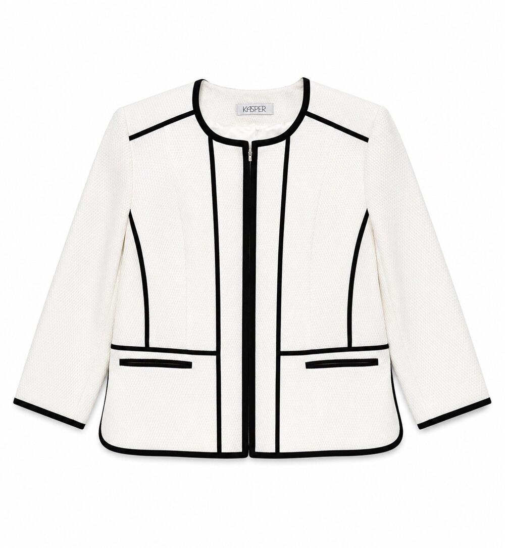 Kasper Women’s White Black Trim Textured Zip Front Blazer Jacket M